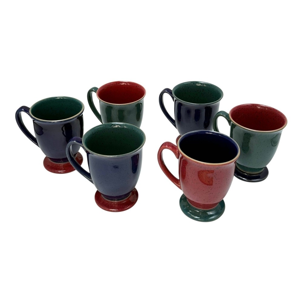 Harlequin Denby Mugs  Footed Pedestal Lot‎ 6 Red Blue Green Speckled Pottery
